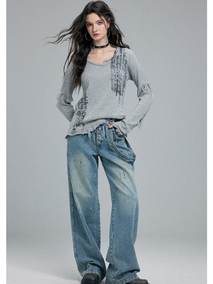Washed Scratch Wide-Leg Jeans【s0000016255】