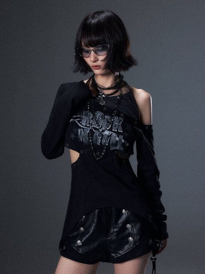 Punk Striped Halter Long-Sleeve T【s0000018003】
