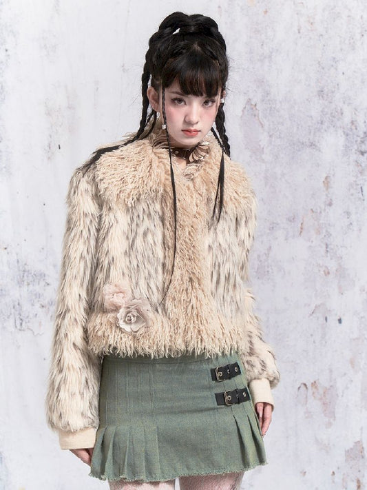 Beige Stripe Patchwork Fox Fur Coat【s0000005312】