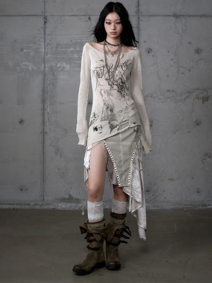 Asymmetric Leather-Satin Skirt【s0000013944】