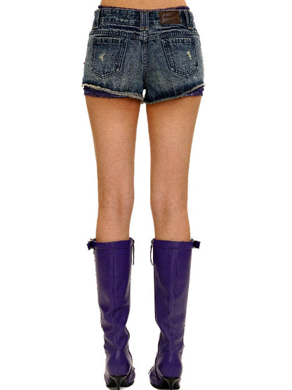 Riveted Plaid Fabric Denim Shorts【s0000017427】