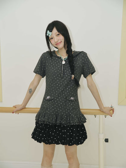 Silver Foil Raindrop Navy Neck Top【s0000018703】