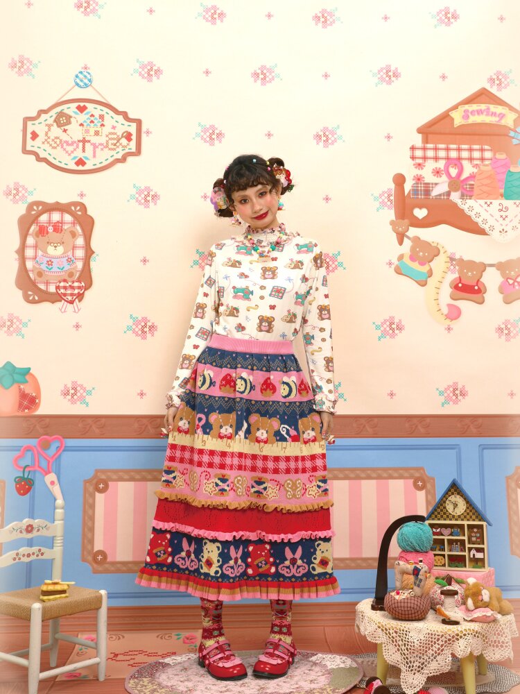 Red Navy Blue Lace Knitted Skirt【s0000015569】