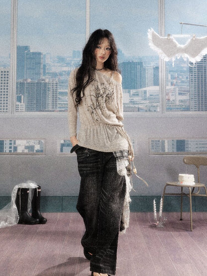 Print Drawstring Shoulder T-Shirt【s0000016273】