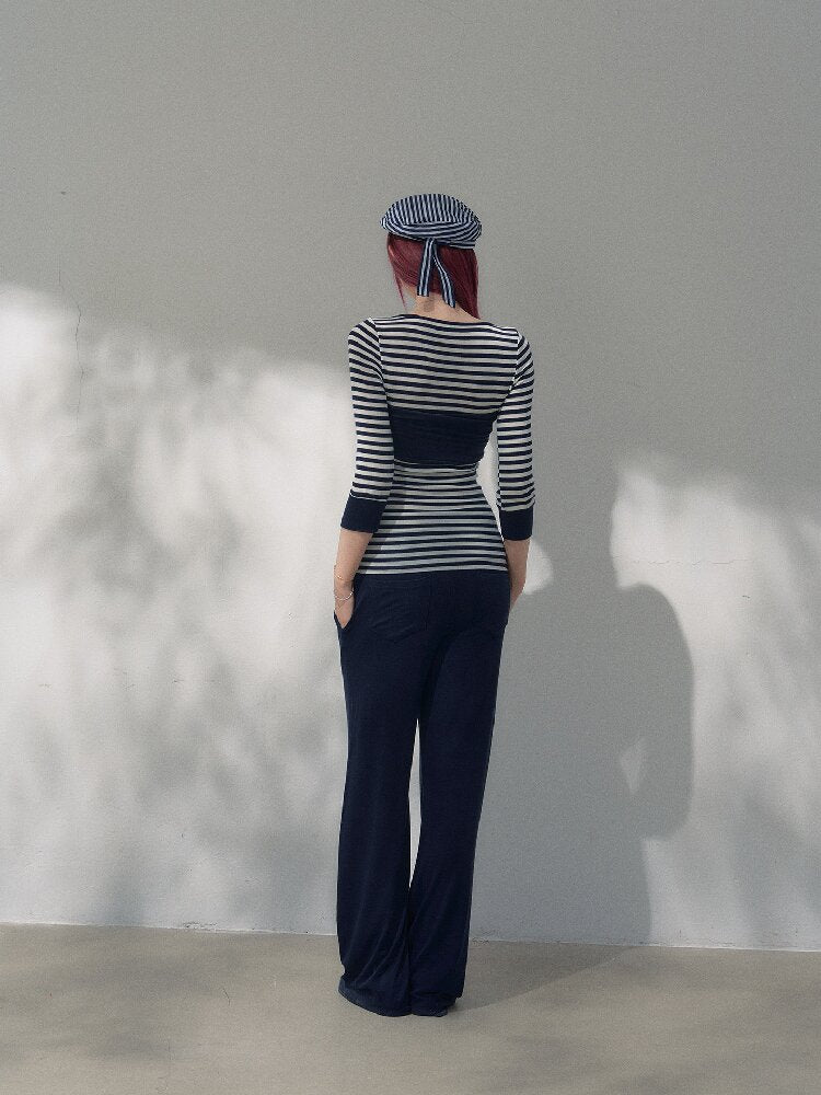 Navy Blue Wool Patchwork Pants【s0000019258】