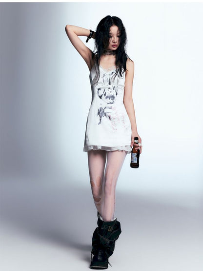 Graffiti Printed Satin Halter Dress【s0000008204】