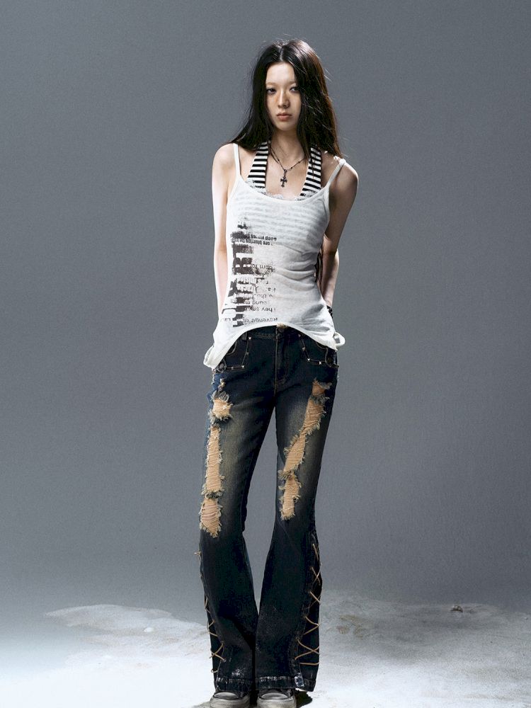 No-wash slim-fit ripped low-rise jeans【s0000012805】