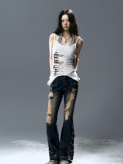 No-wash slim-fit ripped low-rise jeans【s0000012805】