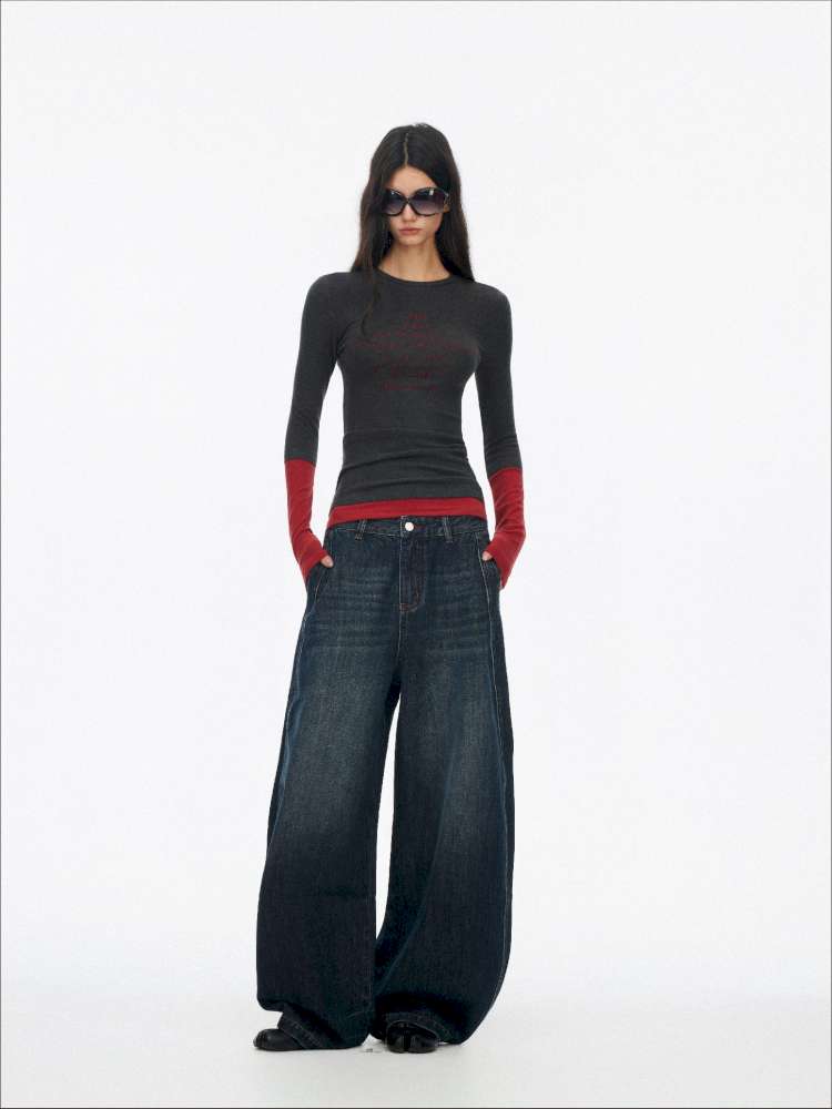 Fake Two-Piece Letter Print Slim Long-Sleeve T-Shirt【s0000014874】