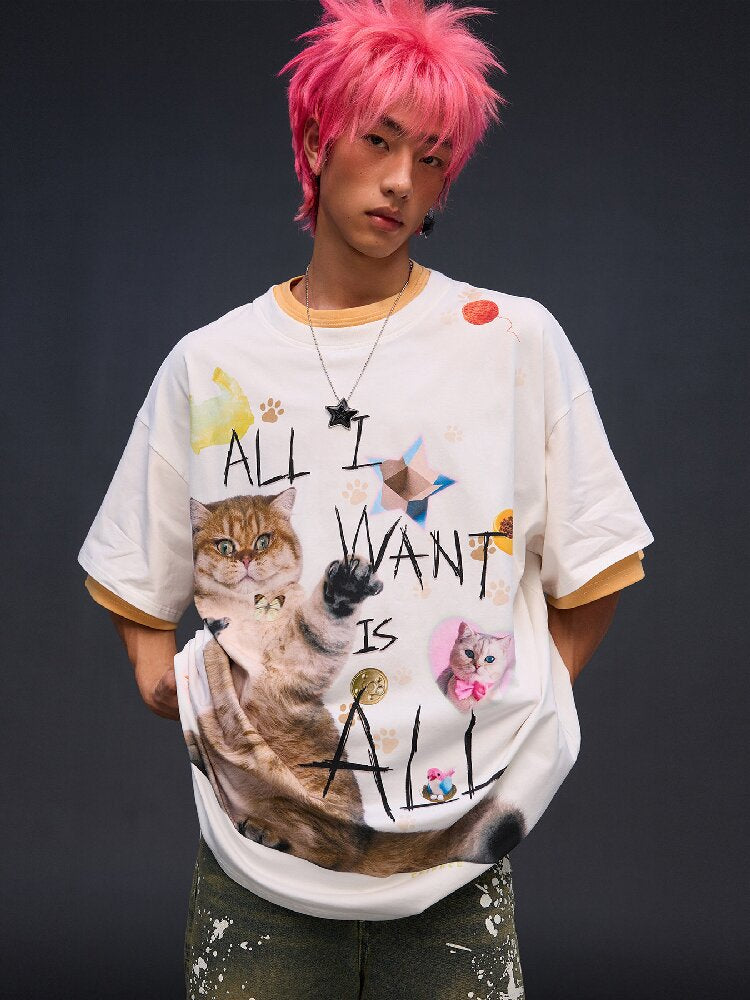 Cat Print Loose Fit T-Shirt【s0000017028】