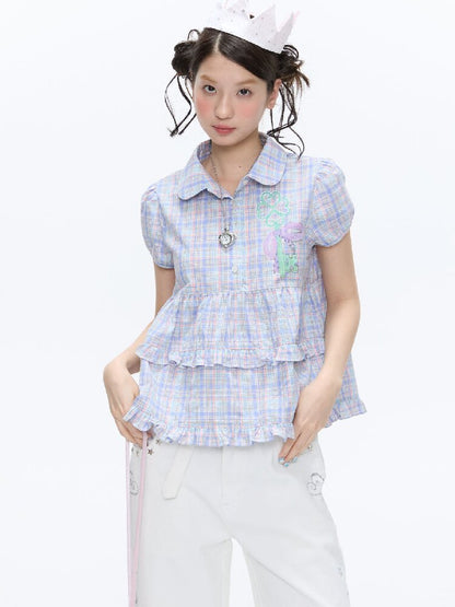 Purple Plaid Lace Short Sleeve Shirt【s0000016405】