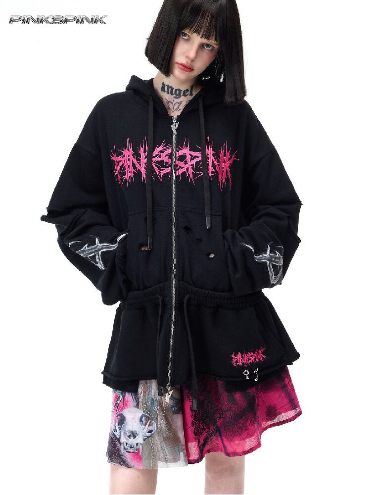 Riveted Hole Design Hooded Sweatshirt【s0000017728】