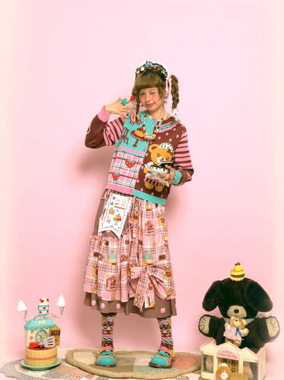 Embroidered Patch Design Bow Elastic Waist Skirt【s0000014515】