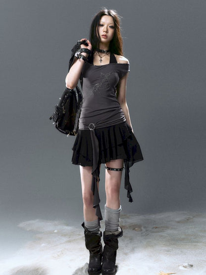 Chiffon ruffle patchwork off-the-shoulder dress【s0000012801】