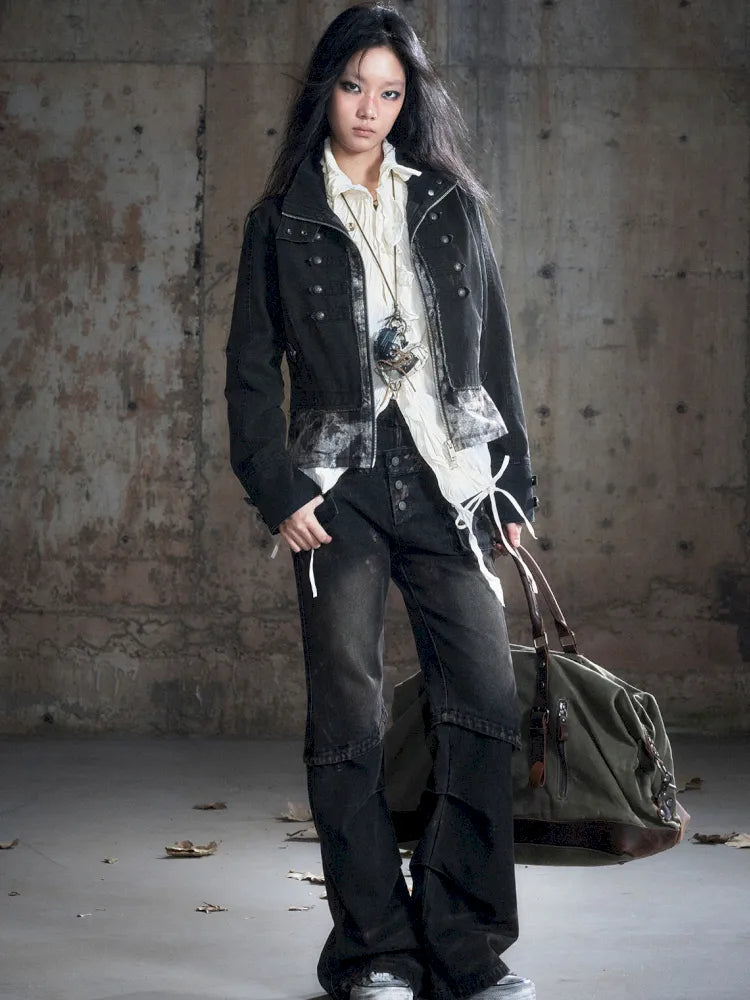 Drawstring Black-Gray Checkered Shir【s0000013959】