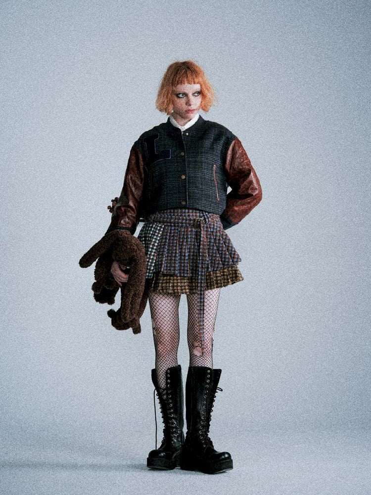 Three-color plaid splicing pleated skirt【s0000005411】