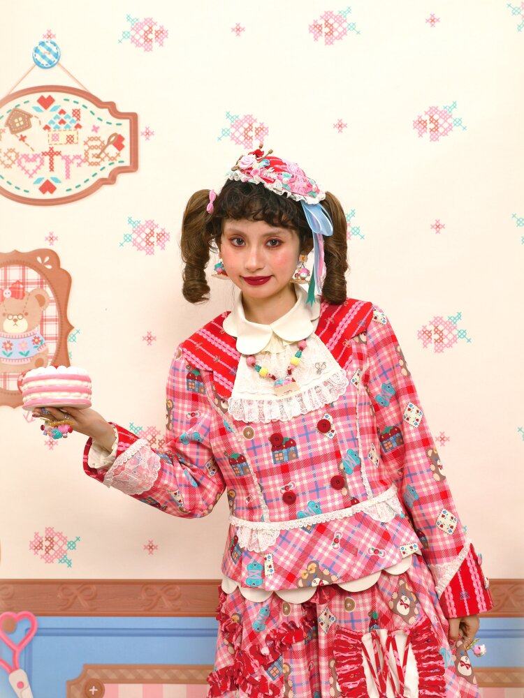 Red Pink Check Lace Skirt Blazer【s0000015574】