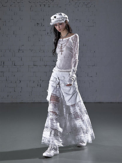 Stitched Lace Denim Maxi Skirt【s0000015940】