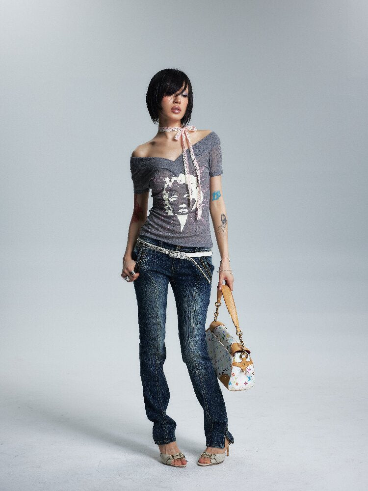 Thin Slim Large V Neck One Shoulder T【s0000017009】