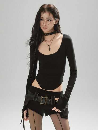 Black Irregular Leather Shorts【s0000015607】