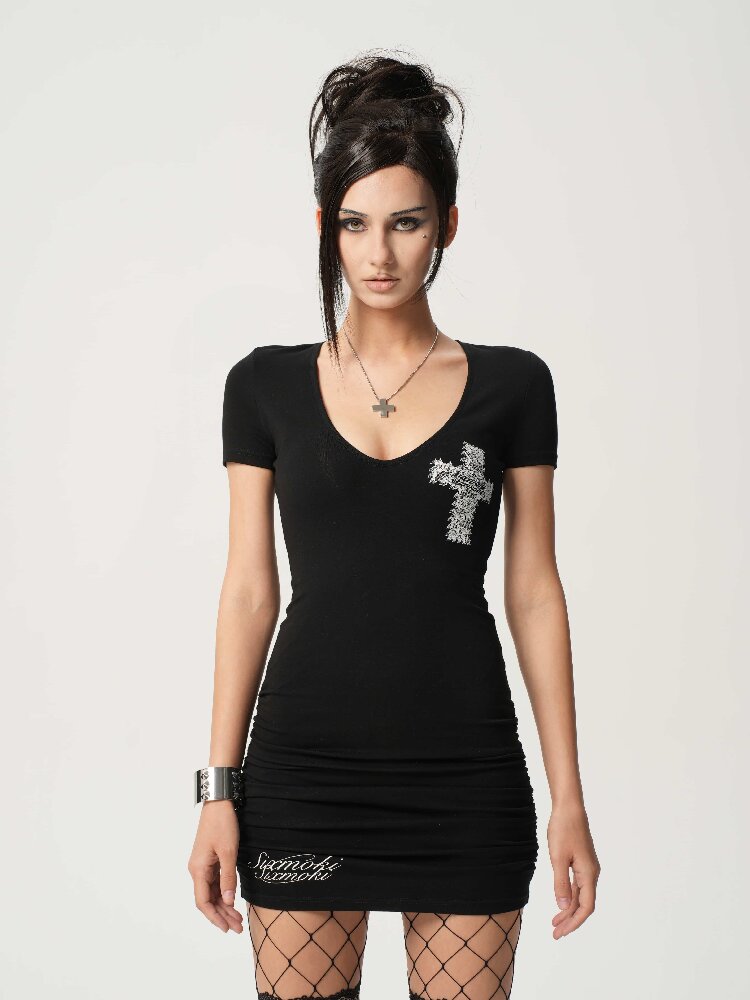 Lace Cross Print V-Neck Dress【s0000017469】
