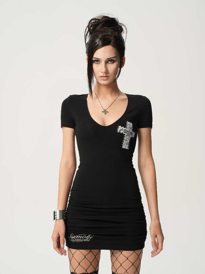 Lace Cross Print V-Neck Dress【s0000017469】