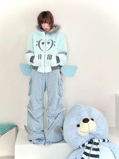Mint Green Cotton Star Plush Hooded Jacket【s0000014693】