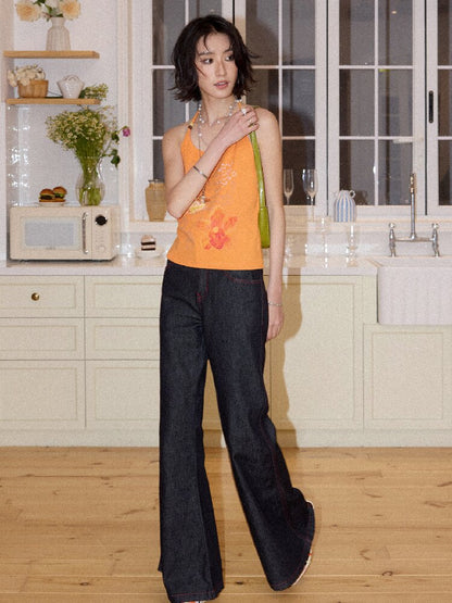 Topstitch Embroidered Flared Pants【s0000016658】