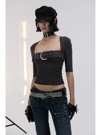 Patchwork Lace Leather Button Top【s0000018478】