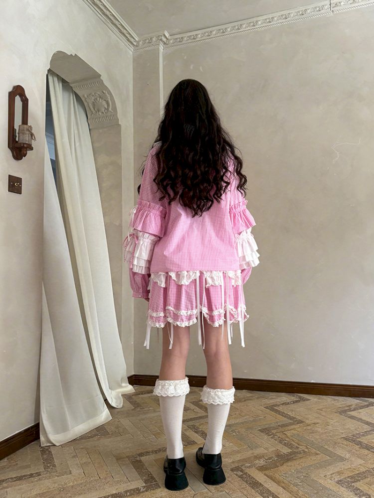 Pink checkered lace trim long-sleeved shirt【s0000012761】