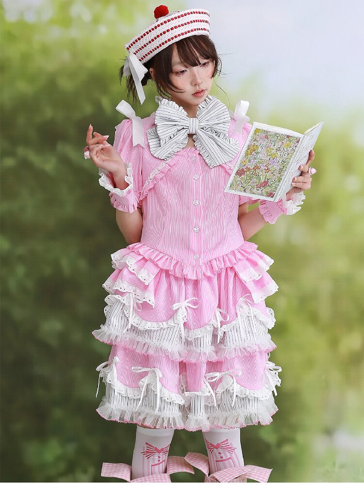 Pink Striped Lolita Puffy Skirt【s0000016560】
