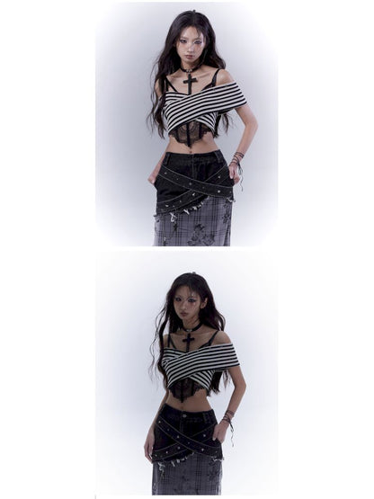 One-shoulder striped hot bustier top【s0000012839】