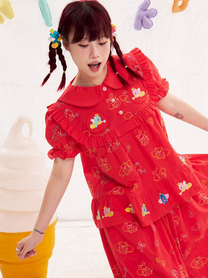Animal angel heavy embroidery red doll shirt【s0000013184】