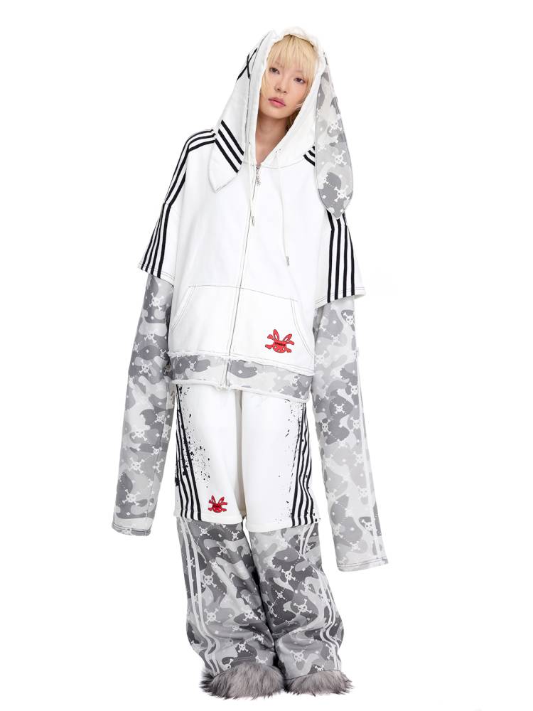 Skull Print Puff Sleeve Rabbit Ear Hoodie Jacket【s0000014419】