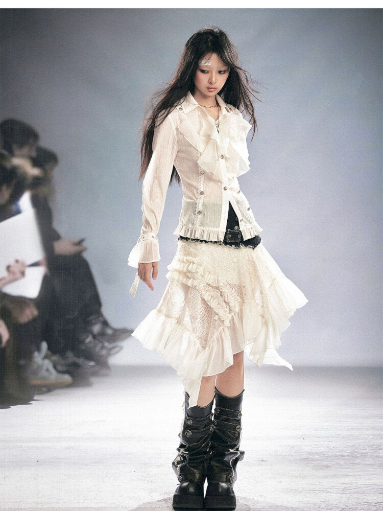 Gothic Pleated Ruffled Slim Shirt【s0000015450】