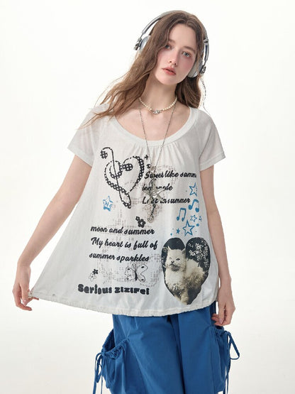 Cat Print Lazy Drawstring T-Shirt【s0000017253】