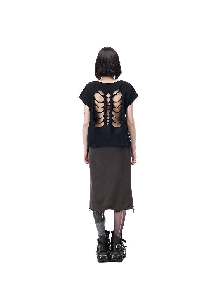 Cat Bone Print Riveted T-Shirt【s0000017714】