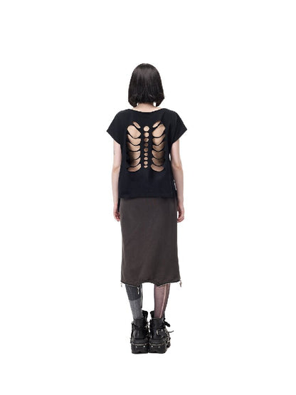 Cat Bone Print Riveted T-Shirt【s0000017714】