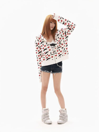 Heart Print Wide Zip Hoodie Jacket【s0000018354】