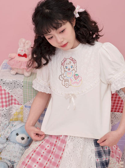 Lace Ribbon Bubble Sleeve T-Shirt【s0000012014】