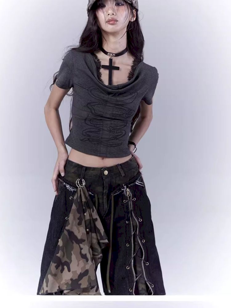 Openwork cross print lace T-shirt【s0000012847】