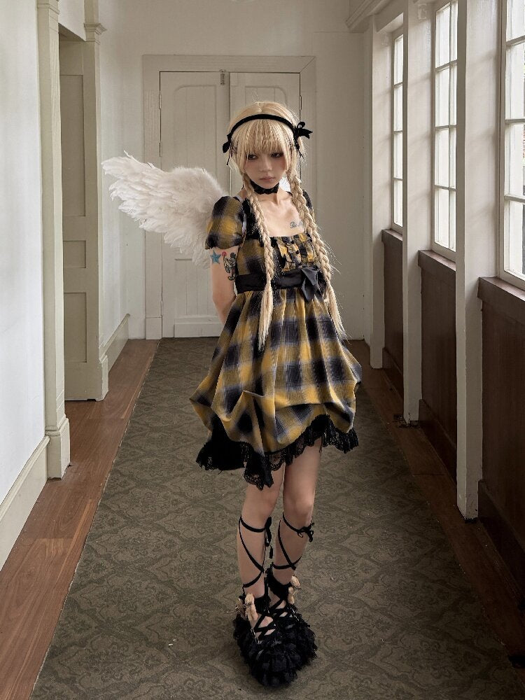 Plaid Puff Sleeve Lantern Dress【s0000016892】