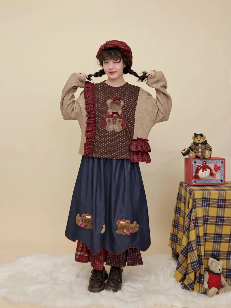 Teddy bear embroidered denim skirt【s0000014176】