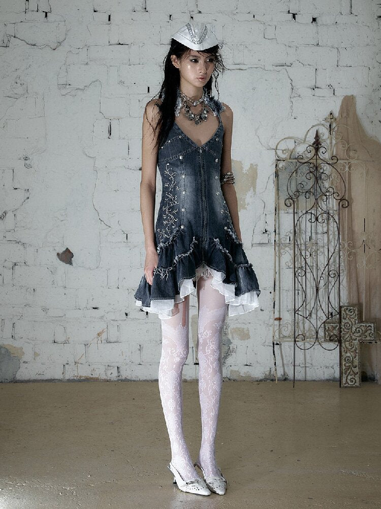 Court Embroidered Denim Mermaid Dress【s0000016983】