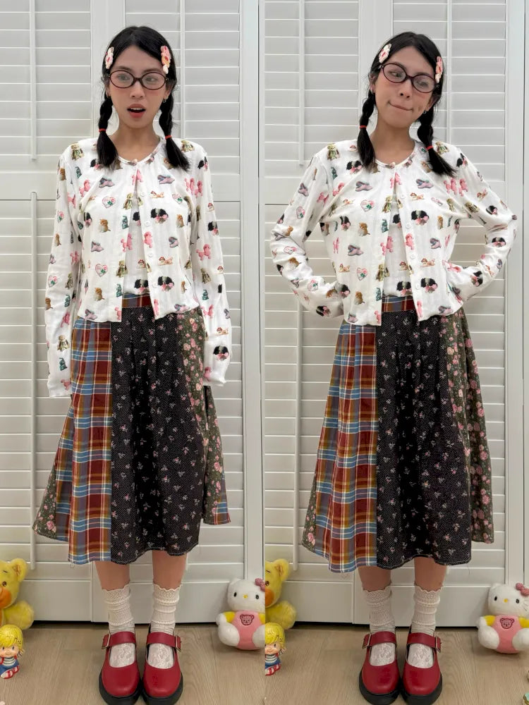 Plaid Floral Patchwork Pleated Skirt 【s0000013972】