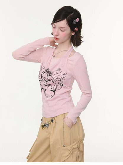 Rabbit Print Slim Halterneck Top【s0000015436】