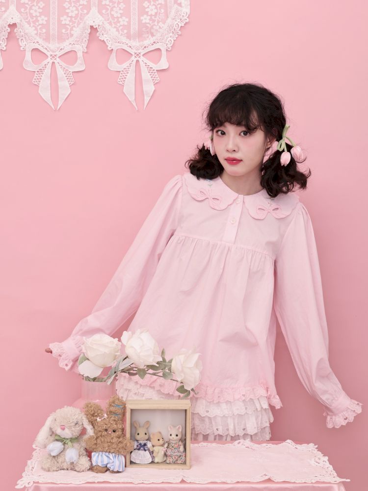 Doll Collar Zipper Neck Pink Lace Blouse【s0000013492】
