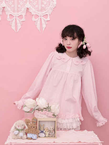 Doll Collar Zipper Neck Pink Lace Blouse【s0000013492】