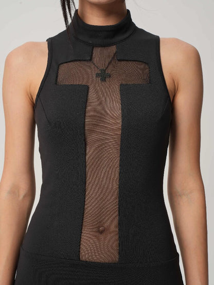 High-Neck Cross-Mesh Dress【s0000017468】