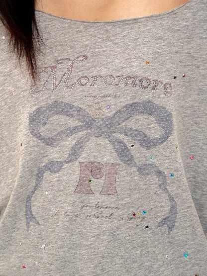 Bow Print Diamond Distressed Tee【s0000016425】